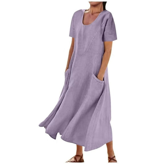 Summer Dress Saving! Women's Casual Plus Size Short Sleeve Solid Soft Leisure Long Dress Purple 3XL