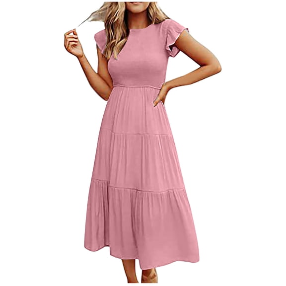Summer Dress Saving! Women's Casual Plus Size Solid Temperament Flying Sleeves Large Skirt Mid Length Dress Pink L