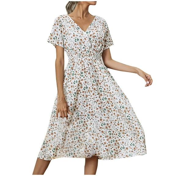 Summer Dress Saving! Women's Casual Plus Size Summer Casual Short Sleeve V-Neck Floral Leisure Slim Dress White L