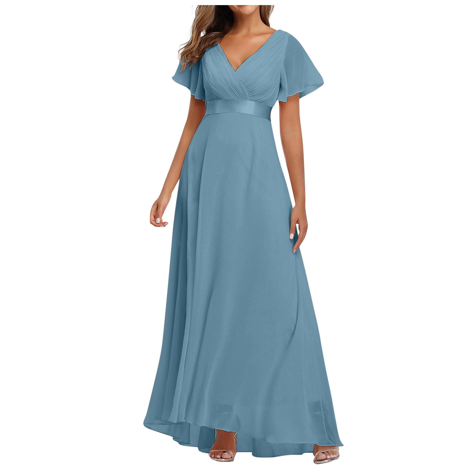 Summer Dress Saving! Women's Casual Plus Size V-Neck Dress Chiffon Elastic  Banquet Bridesmaid Evening Dress Light Blue XXL - Walmart.com