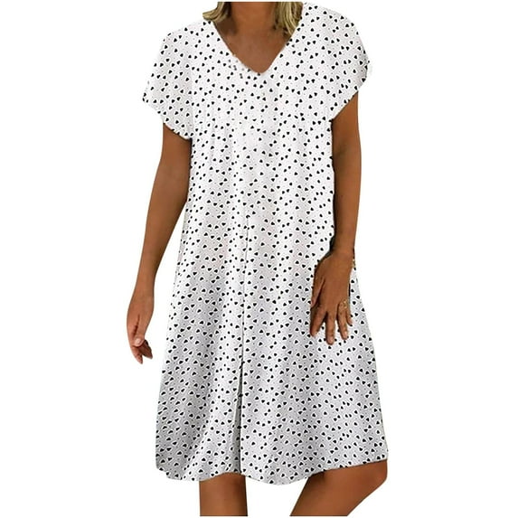 Summer Dress Saving! Women's Casual Plus Size V-Neck Printing Biscuits Loose Casual Short Sleeve Dress White M