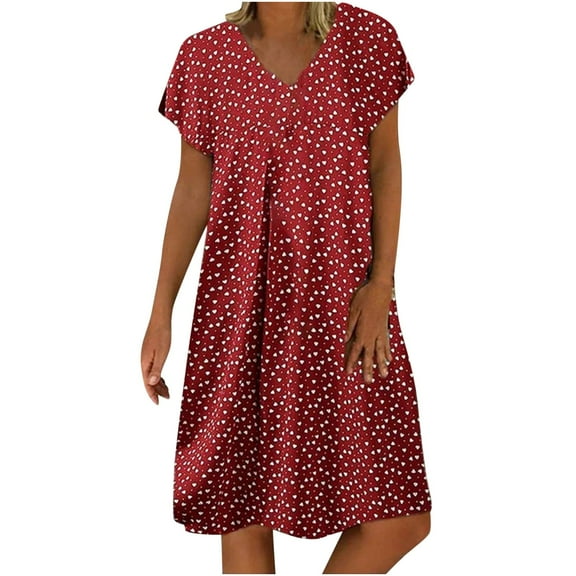 Summer Dress Saving! Women's Casual Plus Size V-Neck Printing Biscuits Loose Casual Short Sleeve Dress Wine XXL