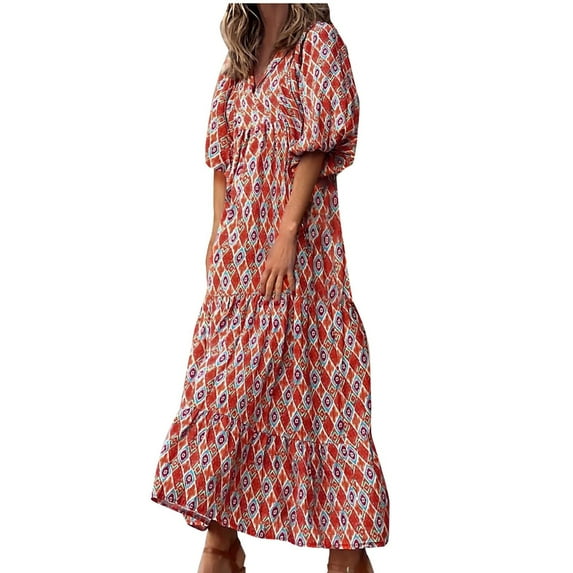Summer Dress Saving! Women's Casual Three Quarter Sleeve Bohemian Floral V-Neck Puff Short Sleeve Beach Tiered Sundress Long Swing Dress Orange XL