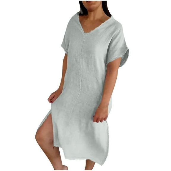 Summer Dress Sevevn Fashion Women's Summer Casual V-Neck Short Sleeve Solid Beach Sundresses Vent Dress