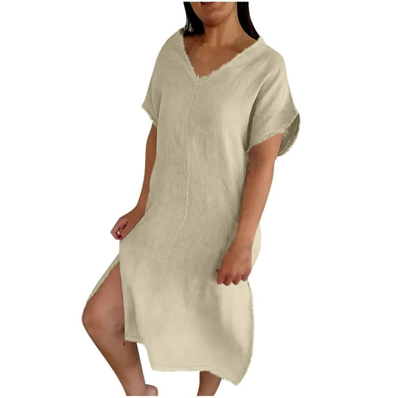 Summer Dress Sevevn Fashion Women's Summer Casual V-Neck Short Sleeve Solid Beach Sundresses Vent Dress