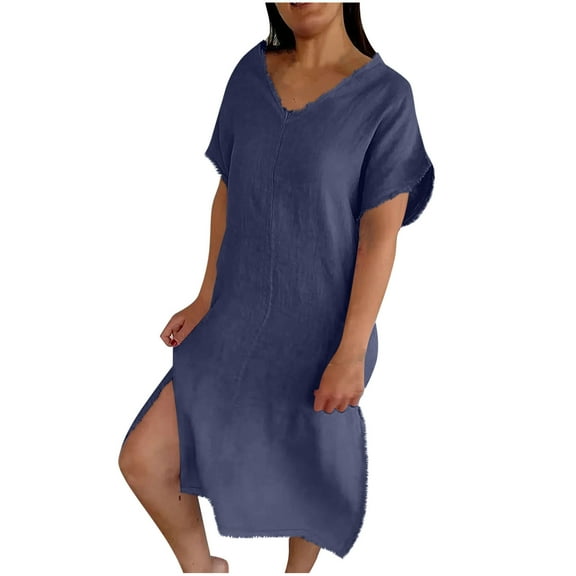 Summer Dress Sevevn Fashion Women's Summer Casual V-Neck Short Sleeve Solid Beach Sundresses Vent Dress