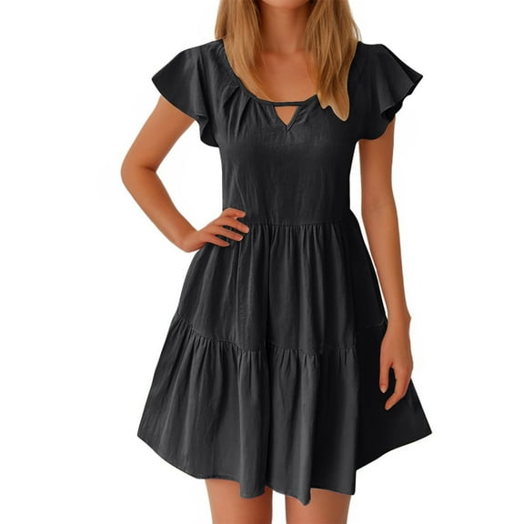 Summer Dress Sevevn Women 2025 Summer Crewneck Ruffle Sleeve Midi Dress Casual Polka Dot Boho Long Dress Beach Sundress Casual Dresses For Women