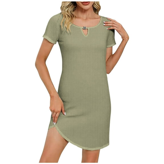 Summer Dress Sevevn Women's Fashion Solid Color Hollow Neckline Buckle Short Sleeve Round Neck Dress