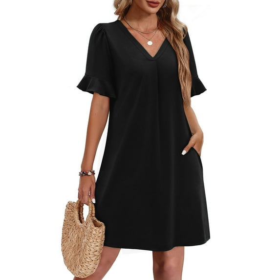 Summer Dress Sevevn Women's Summer Solid Color V-Neck Dress With Pockets And Ruffle Short Sleeved Skirt