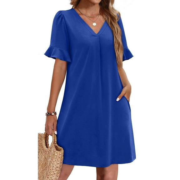 Summer Dress Sevevn Women's Summer Solid Color V-Neck Dress With Pockets And Ruffle Short Sleeved Skirt