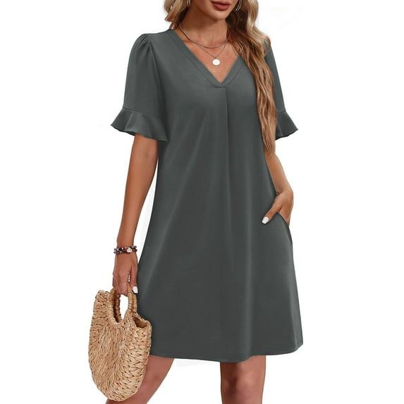 Summer Dress Sevevn Women's Summer Solid Color V-Neck Dress With Pockets And Ruffle Short Sleeved Skirt