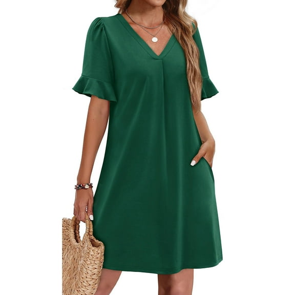 Summer Dress Sevevn Women's Summer Solid Color V-Neck Dress With Pockets And Ruffle Short Sleeved Skirt
