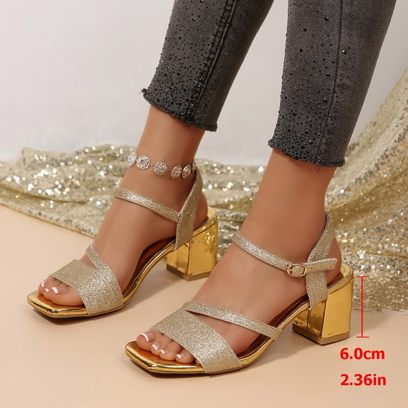 Summer Dress Shoes Glitter Heels for Women Square Open Toe Block Heeled Sandals Sequin Party Prom Dance Shoes with Ankle Strap Gold Size 6