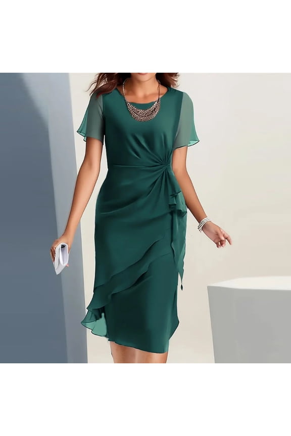 Summer Dress with Sleeves Women's Tiered Chiffon Dress Trendy Elegant Short Sleeve Crew Neck Ruffle Layered Wedding Guest Dresses Cocktail Party Gowns Green L