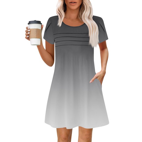 Summer Dress Straight Dress Plus Size O-Neck Short Version Women's Fashion Midi Pleated Short Sleeve Solid Color Elegant Comfort Fit Flounce Elegant Party Dresses 2025 Gray S