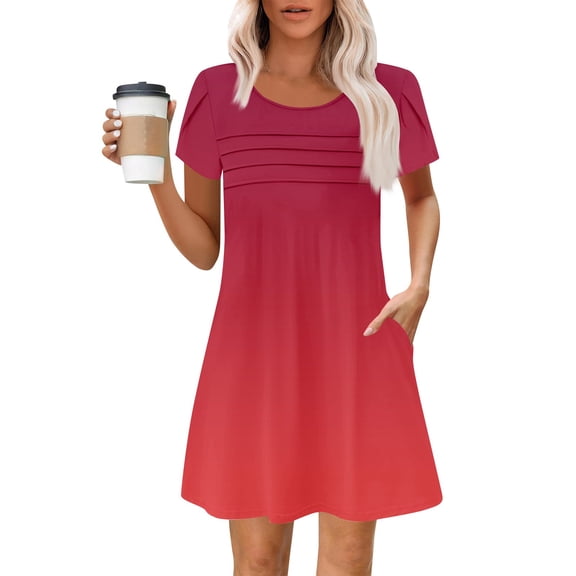 Summer Dress Straight Dress Plus Size O-Neck Short Version Women's Fashion Midi Pleated Short Sleeve Solid Color Elegant Comfort Fit Flounce Elegant Party Dresses 2025 Red L