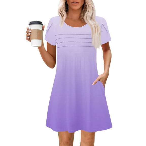 Summer Dress Straight Dress Plus Size O-Neck Short Version Women's Fashion Midi Pleated Short Sleeve Solid Color Elegant Comfort Fit Flounce Elegant Party Dresses 2025 Purple Pink S