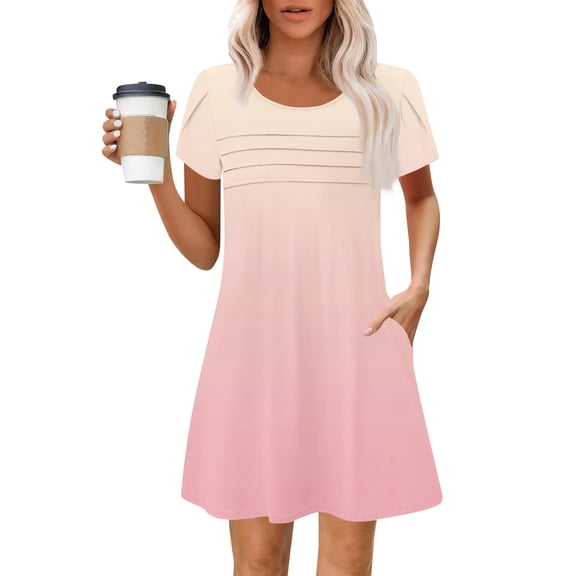 Summer Dress Straight Dress Plus Size O-Neck Short Version Women's Fashion Midi Pleated Short Sleeve Solid Color Elegant Comfort Fit Flounce Elegant Party Dresses 2025 Light pink S