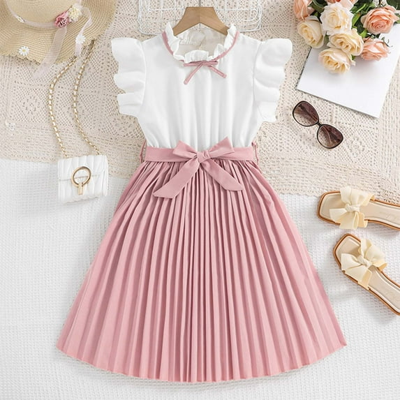 Summer Dress Teen Girls Pink Dress for Girls Ruffled Sleeves Color Block Pleated Design Girls Hawaiian Dress Kids Dress 11-12 Years