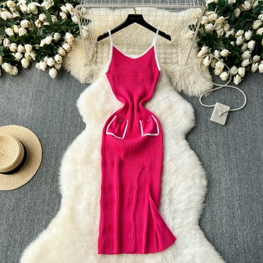 Summer Dress Women 2024 Spaghetti Strap Color-block Knit Dresses Side Split Pockets Designer Wrapped Vestido Summer Dropshipping