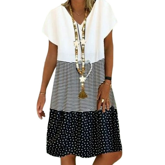 Summer Dress for Women Casual Loose Stripe Dot Mini Dresses Patchwork Short Dress Fashion V-Neck Short Sleeves Beach Dress Daliy Party Plus Size Sun Dress Black 2XL