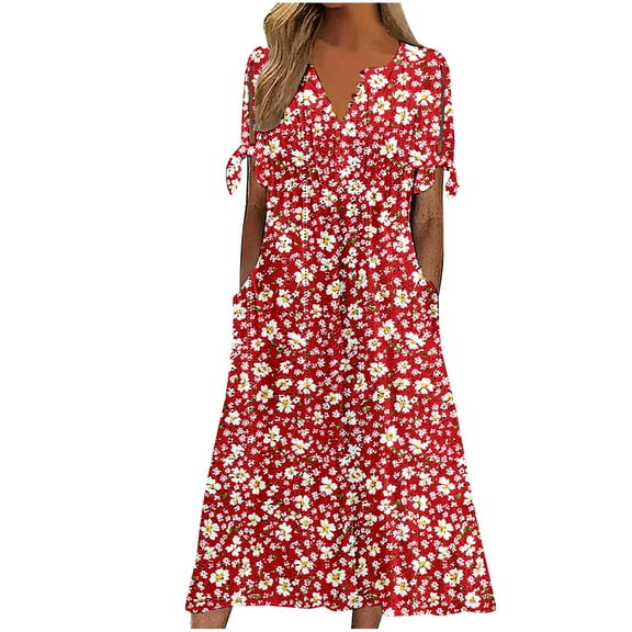 Summer Dress Women Cotton Linen Short Sleeve V Neck Midi Dresses Casual Boho Tropical Beach Hawaiian Sundress