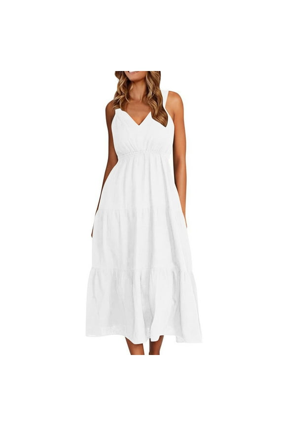 Summer Dress for Women Fashion Beach Holiday Dresses Loose Casual Pleated V Neck Sleeveless Cotton Linen Dress New Going out Dresses for Women Summer White M