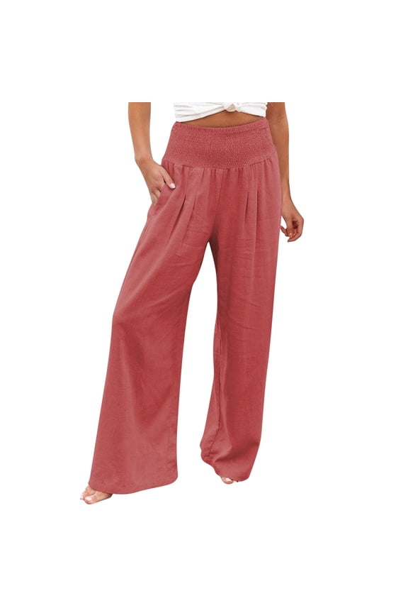 Summer Dress for Women High Waist Wide Leg Palazzo Pants For Women Smocked Elastic Waist Loose Comfy Casual Pajama Pants Pockets Comfy plus Size plus Size Casual Rompers Straight Leg Cordu Orange XXXL