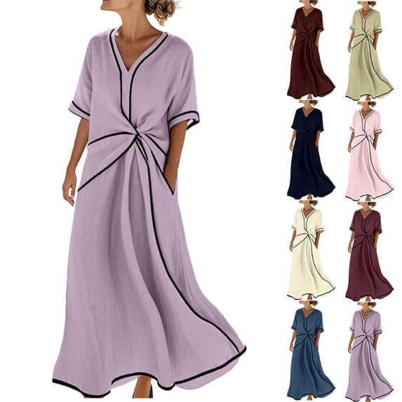 Summer Dress Women Ndbuld Fashion Women Summer Casual V-Neck Short Sleeve Solid Long Dress Blue XXL