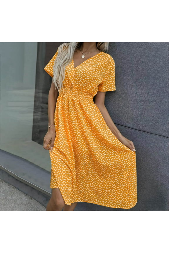 Summer Dress For Women Plus Size Short Sleeve V-Neck Solid Color Floral Elastic Waist Casual Loose Sundress Women Trendy Daily Party Beach Vacation Long Maxi Dress