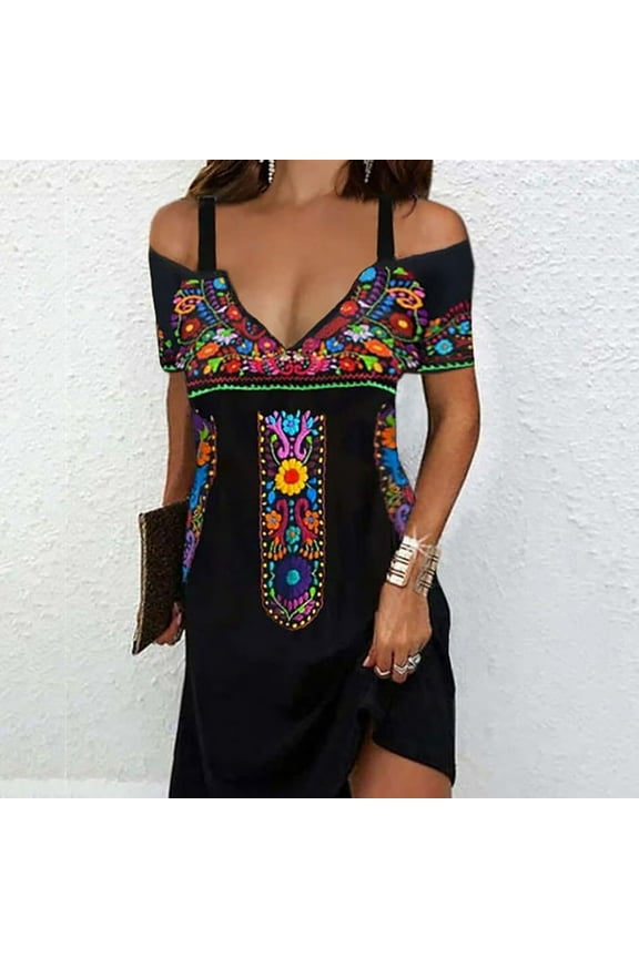 Summer Dress Women Short Sleeve Cold Shoulder Mexican Style Floral Print Traditional Fiesta V Neck A Line Dress (X-Large, Black)