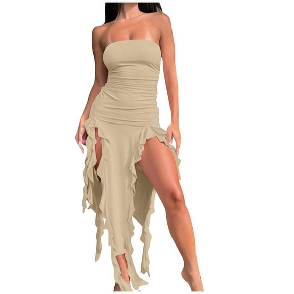 Wo-Fusoul Women's Fashion Bandeau Dress: Asymmetric Hem Casual Spring Summer Wear