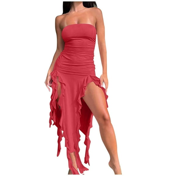 Wo-Fusoul Women's Fashion Bandeau Dress: Asymmetric Hem Casual Spring Summer Wear