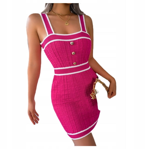 Summer Dress Women's Casual Square-Neck Button Color-Blocking Waist Knitted Buttock Skirt Plus Size Dresses,Beach Sundress