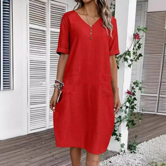 Summer Dress Women's Dress Lightweight V Neck Beach Dress Half Sleeve Midi Dress Loose Knee Length Buttons Dress With Pockets Dresses for Summer Casual Summer Clothes for Women Summer Midi Dresses