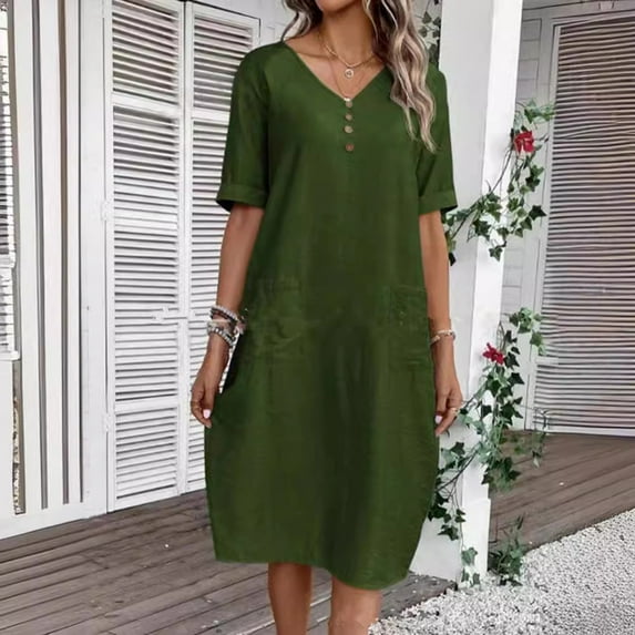 Summer Dress Women's Dress Lightweight V Neck Beach Dress Half Sleeve Midi Dress Loose Knee Length Buttons Dress With Pockets Teenager Casual Dresses Dresses Casual Travel Dresses for Women Womens