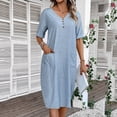 thumbnail image 1 of Summer Dress Women's Dress Lightweight V Neck Beach Dress Half Sleeve Midi Dress Loose Knee Length Buttons Dress With Pockets Teenager Casual Dresses Dresses Casual Travel Dresses for Women Womens, 1 of 5