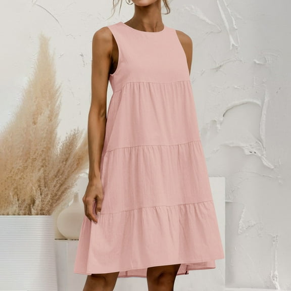 Summer Dress Women's Dresses Elegant Beach Dress Sleeveless Casual Dress Knee-Length A Line Round Neck Mini Dress Spaghetti Dress Strap Dress Casual Plain Dress Pink S