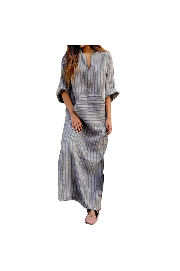 Summer Dress,Women's Plus Size Cotton Linen Dresses Striped V Neck Caftans 3/4 Sleeve Casual Loose Maxi Beach Dress with Pockets