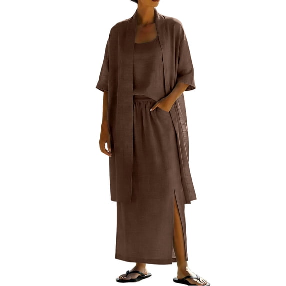Summer Dress,Women's Solid Linen Jacket+Strap+Skirt Linen Jumpsuit Three-piece Set Linen Set