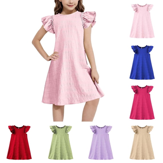 Summer Dress for Girls Ruffle Sleeve A Line Dresses Girls Pink Dress Girls Beach Dress, Szie 4-15 Years