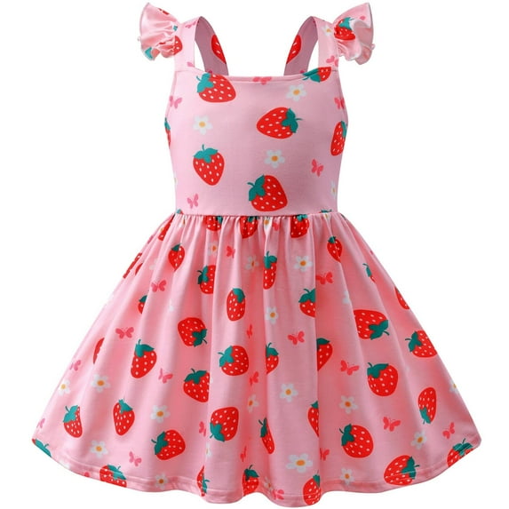 Summer Dress for Girls Toddler Strawberry Dress Baby Casual A-Line Dresses Kids Ruffle Sleeve School Dresses Birthday Party Sundress 18-24 Months