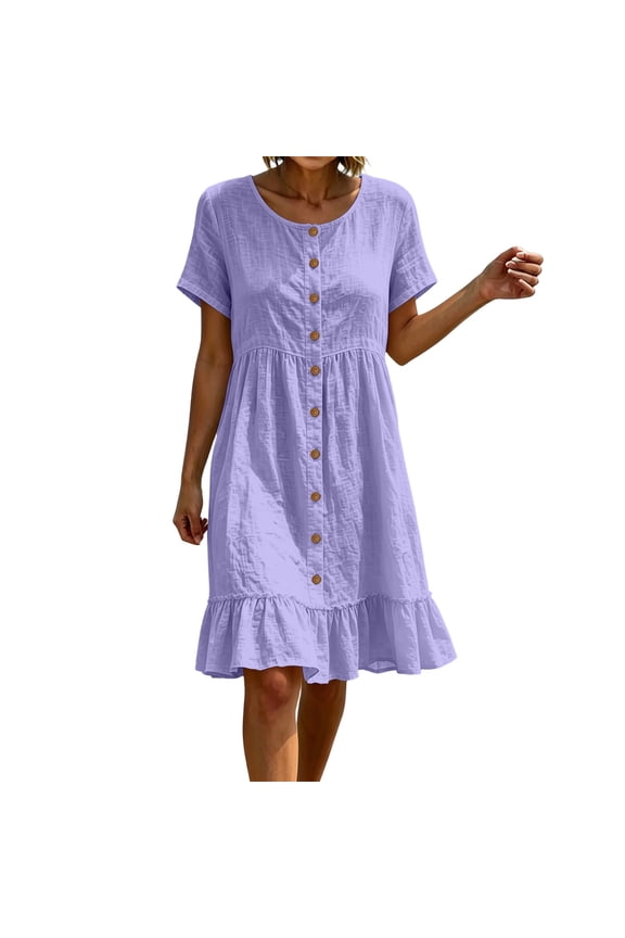 Summer Dress for Women 100% Cotton Casual Short Sleeve V-Neck Button Front Hem Mini Dress