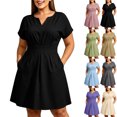 thumbnail image 1 of Summer Dress for Women 100% Cotton Notch V Neck Short Sleeve Pleated A Line Knee-Length Dress with Pockets, 1 of 7