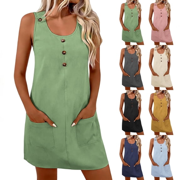 Summer Dress for Women 100% Cotton Sleeveless Round Neck Button Front Dress with Pockets
