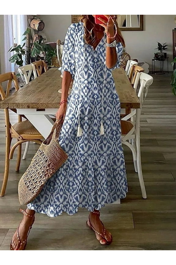 Summer Dress for Women 2024 Plus Size Fashion Casual Spring And Summer V-neck Three-quarter Sleeve Printed Dress