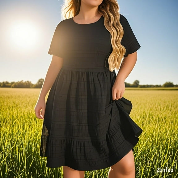 Zunfeo Summer Dress for Women 2025 Elegant Plus Size Midi Dress Ruffles Cozy Beach Vacation Dresses Black L