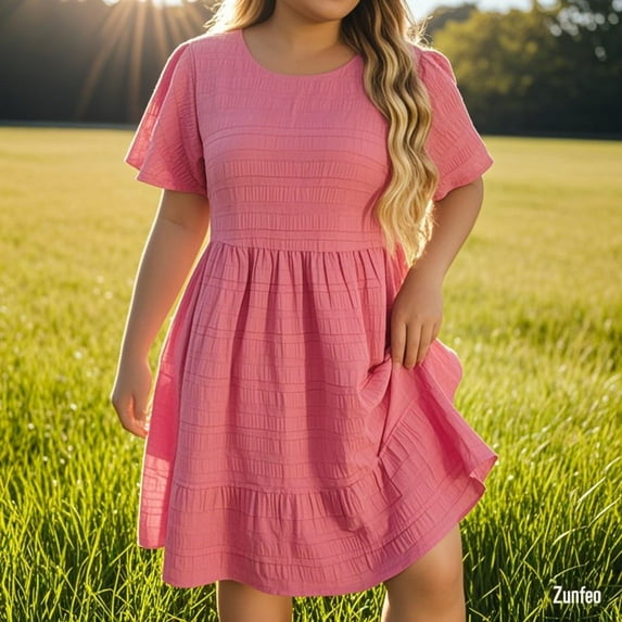 Zunfeo Summer Dress for Women 2025 Elegant Plus Size Midi Dress Ruffles Cozy Beach Vacation Dresses Pink XL