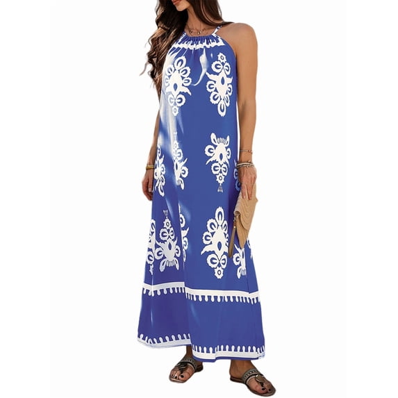 Summer Dress for Women 2025 Floral Sundress Spaghetti Strap Flowy Beach Vacation Boho Maxi Dresses Blue M