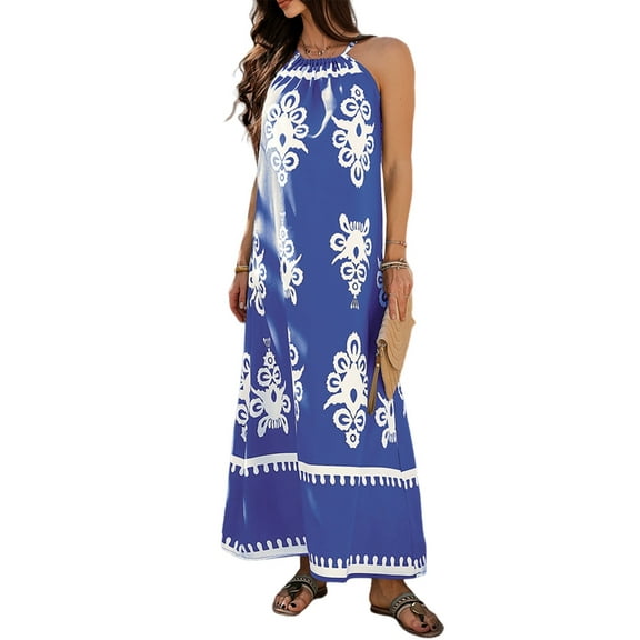 Summer Dress for Women 2025 Floral Sundress Spaghetti Strap Flowy Beach Vacation Boho Maxi Dresses Blue XL